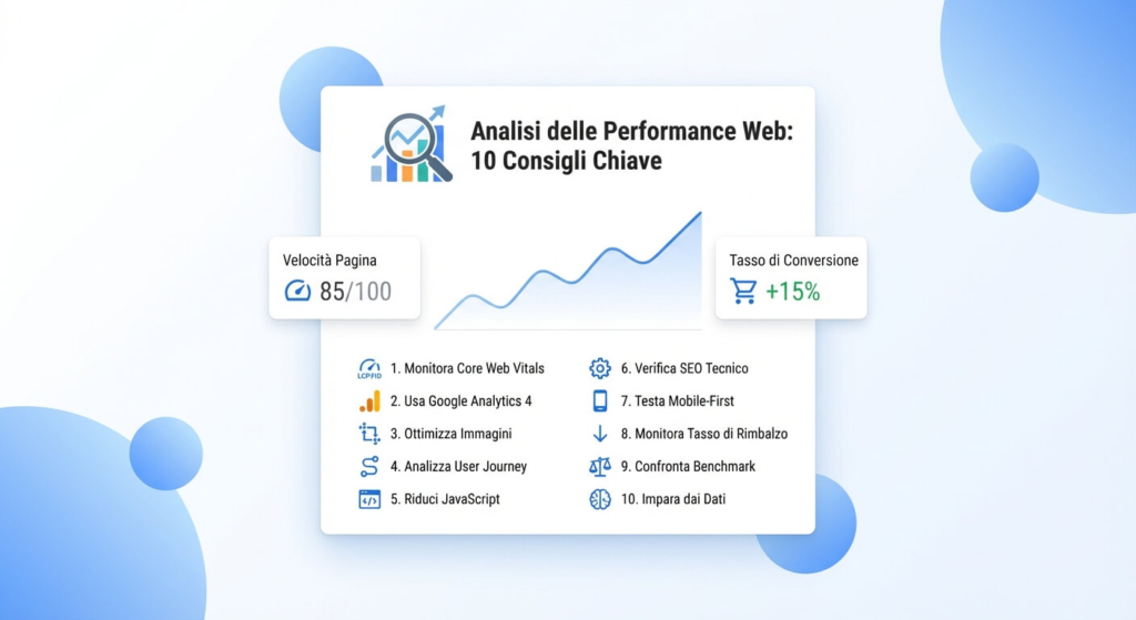 Infografica con 10 consigli di un esperto SEO per l’analisi delle performance del tuo sito web, dalla velocità ai Core Web Vitals