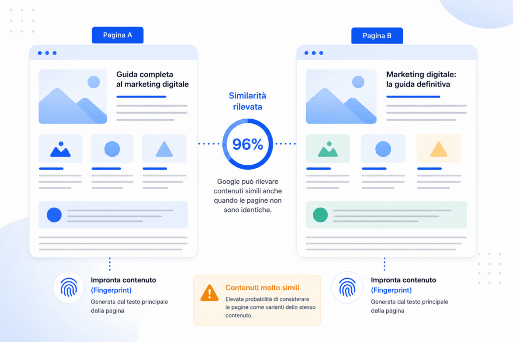 Schema che mostra come i motori di ricerca possano rilevare contenuti molto simili confrontando le impronte digitali delle pagine