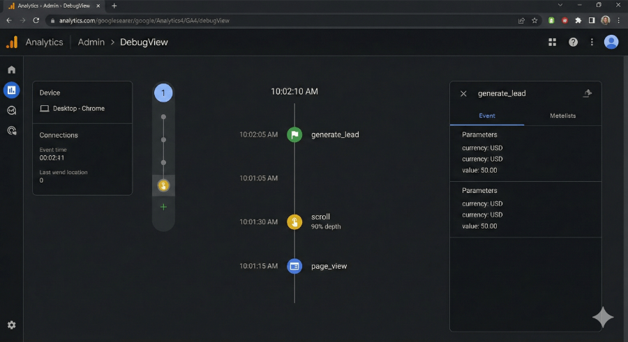 screenshot DebugView GA4 con eventi page_view, scroll e conversione