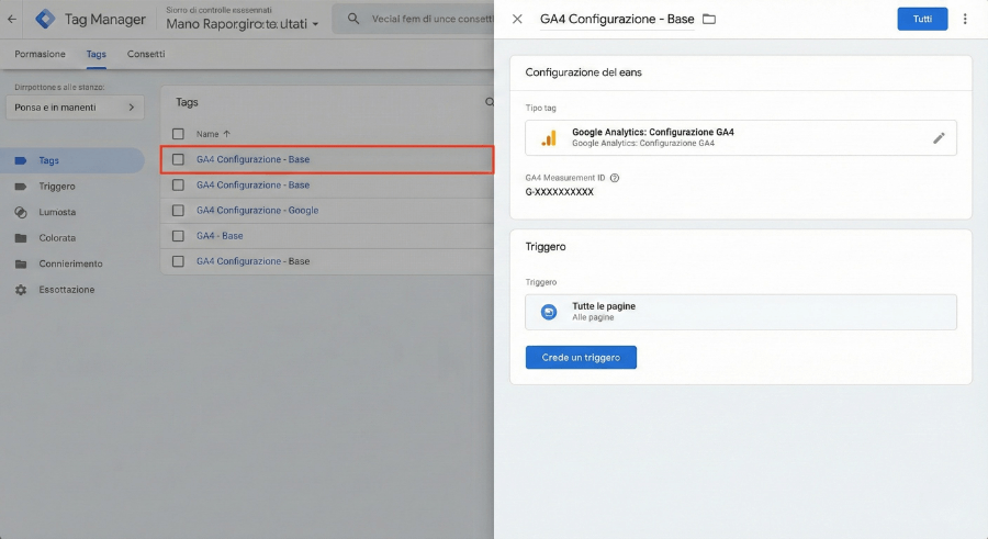 screenshot di Google Tag Manager con un tag GA4 configurato e trigger su tutte le pagine