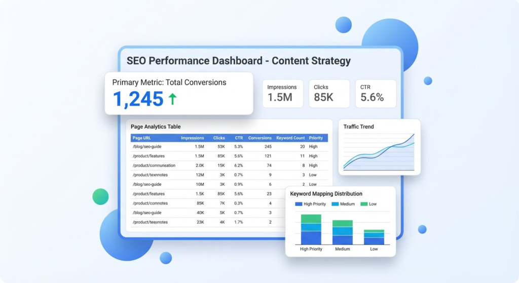 Dashboard KPI per keyword a coda lunga: pagine, conversioni e copertura keyword