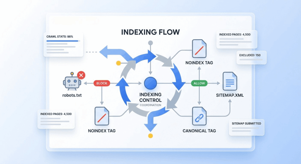 coordinamento robots.txt noindex canonical sitemap per controllo indicizzazione