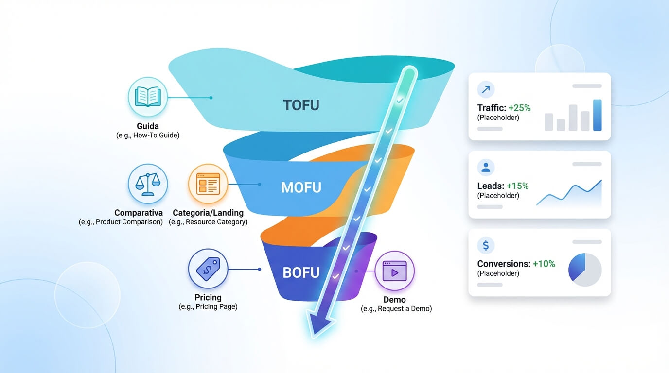 diagramma funnel TOFU/MOFU/BOFU con esempi di pagine (guida, comparativa, categoria/landing, pricing, demo)