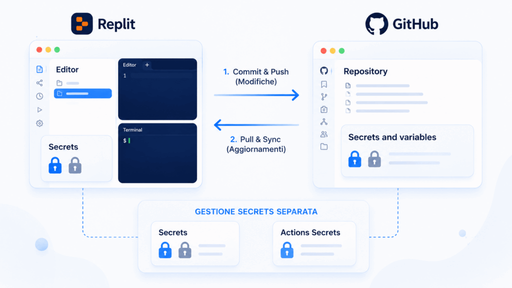 Flusso di lavoro tra Replit e GitHub con versioning e secrets