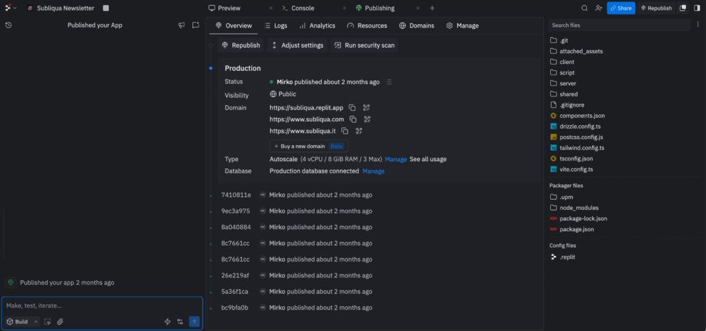 Interfaccia IDE Replit nel browser con editor e terminale