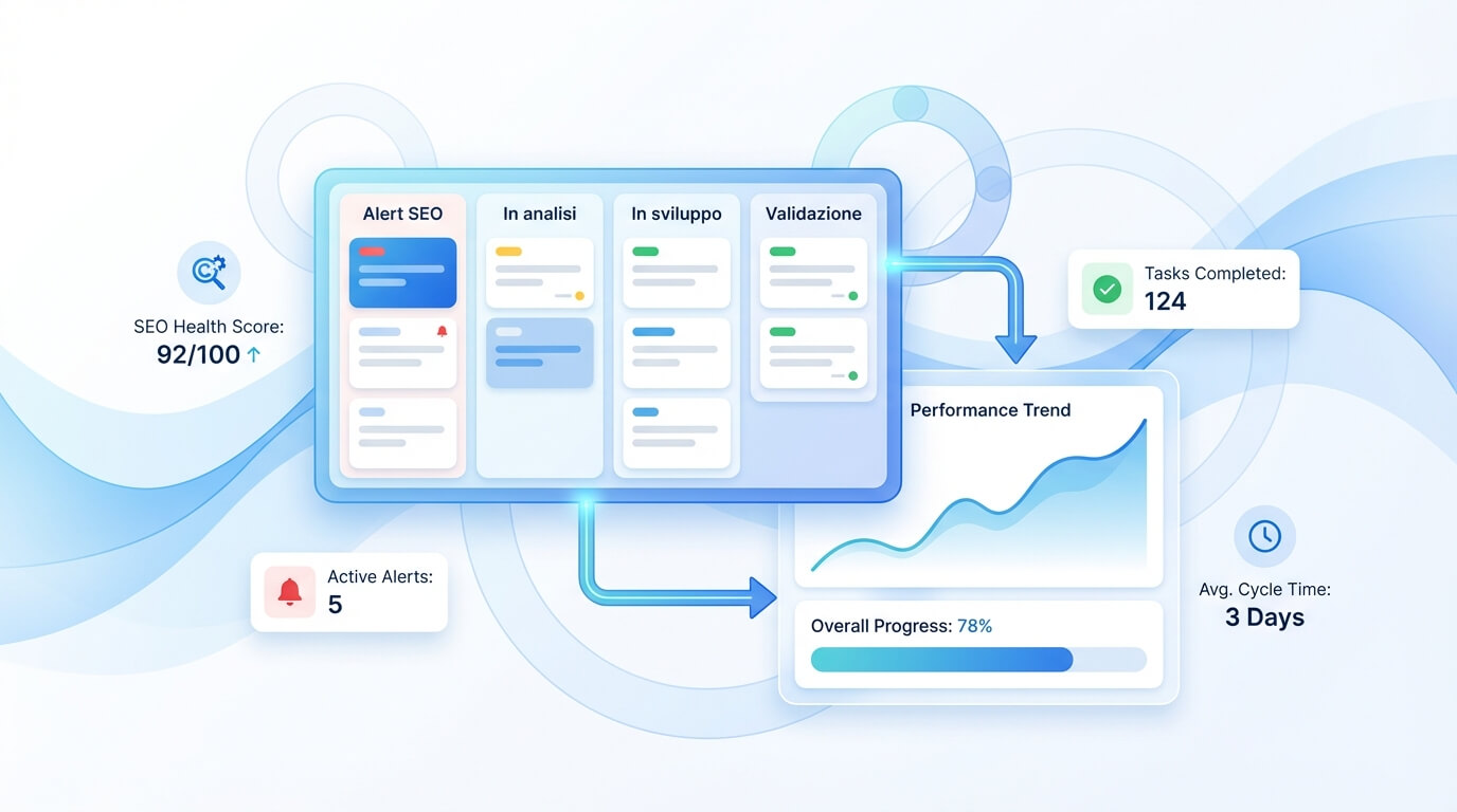 Board operativa che collega alert SEO automatizzati al backlog e alla validazione
