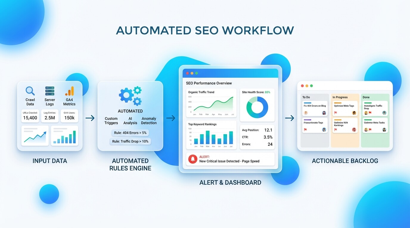 Schema flusso di automazione SEO con dati, regole, alert e dashboard