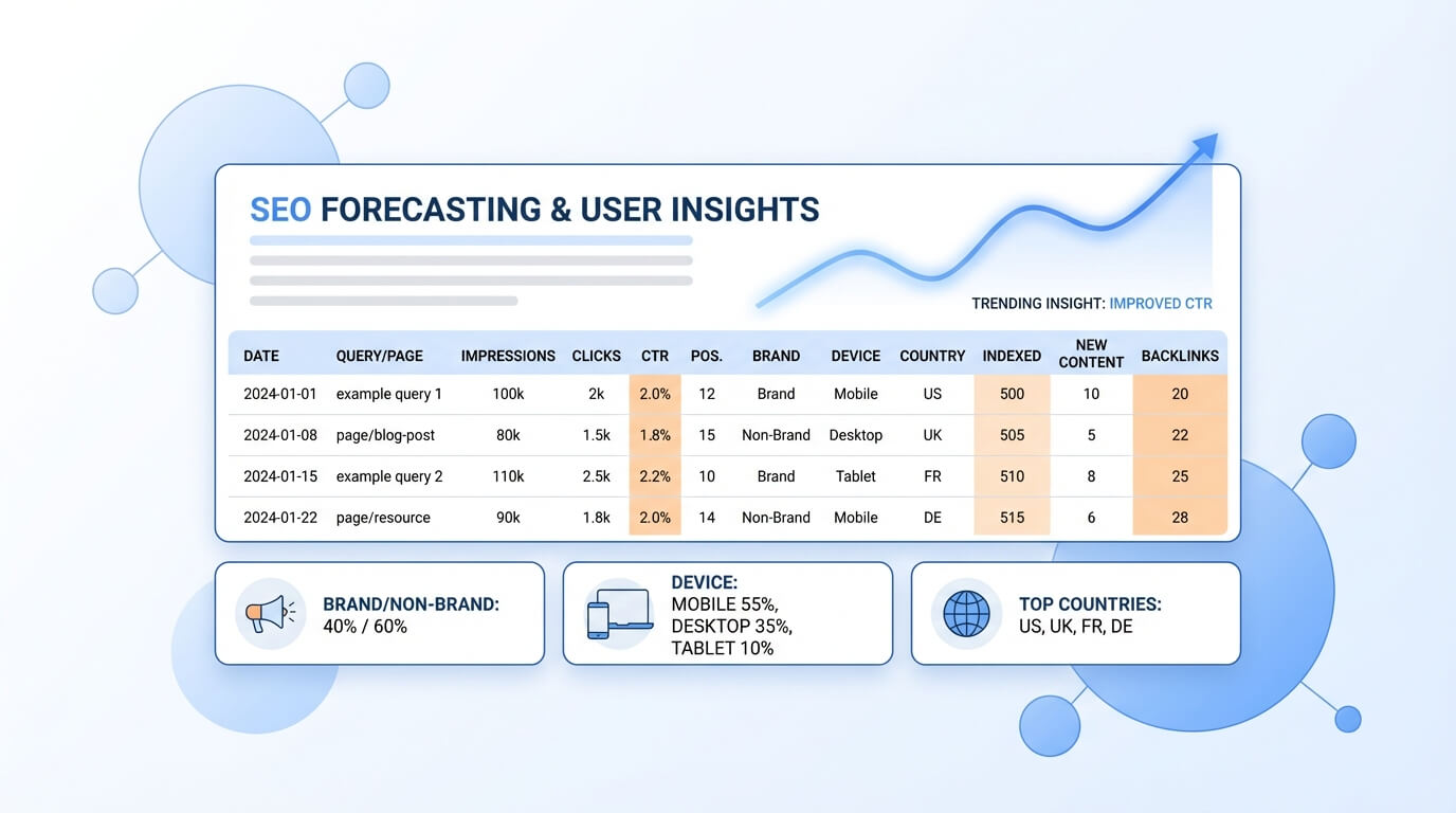 Esempio di dataset per SEO forecasting con feature principali e righe temporali