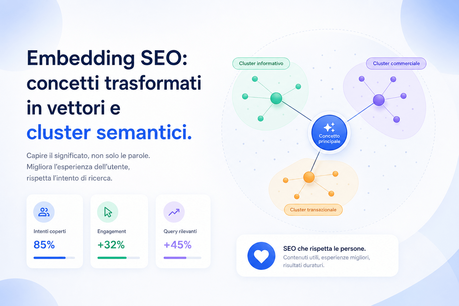 SUGGERIMENTO IMMAGINE: embedding SEO: concetti trasformati in vettori e cluster semantici