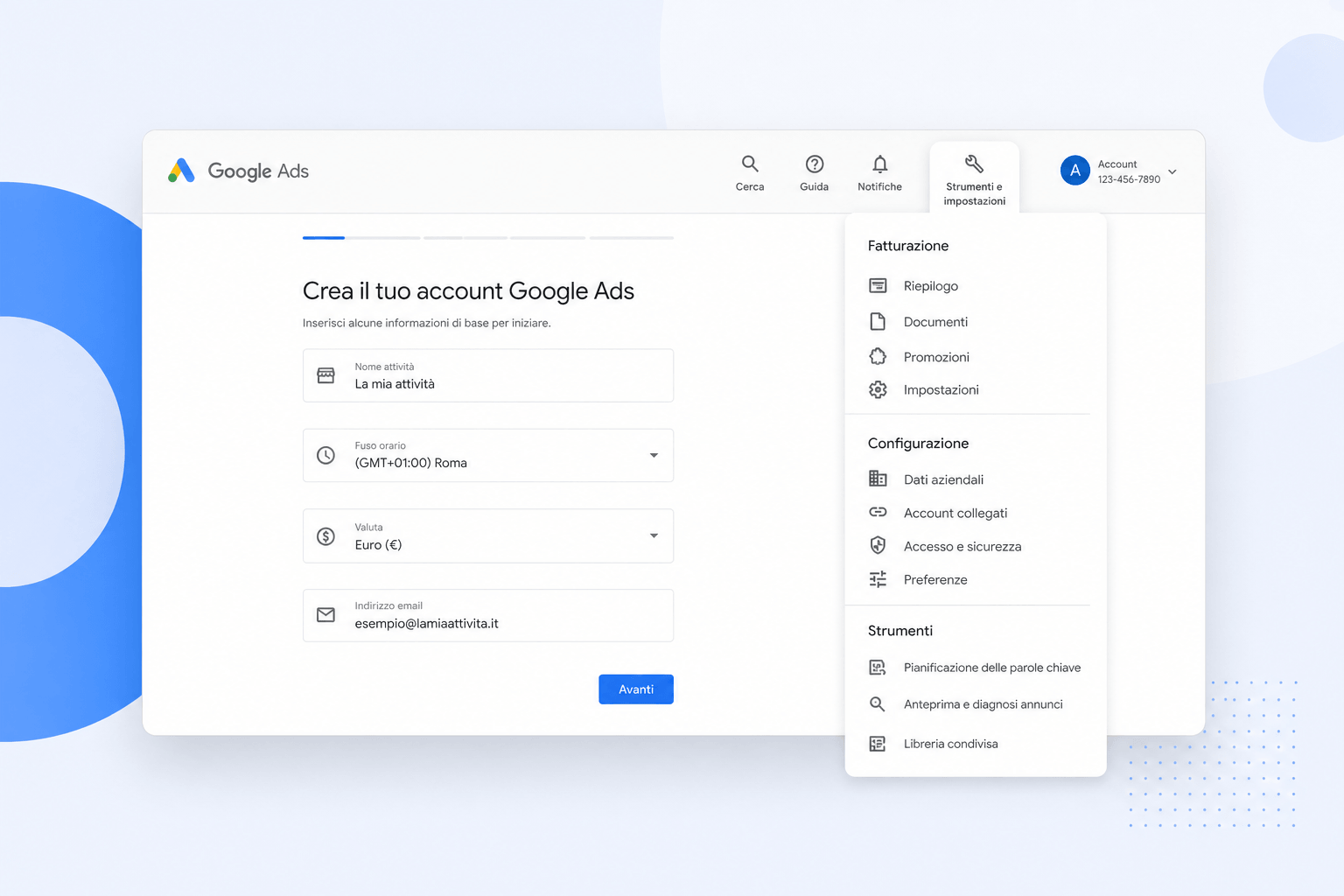 schermata creazione account Google Ads con menu Strumenti e impostazioni