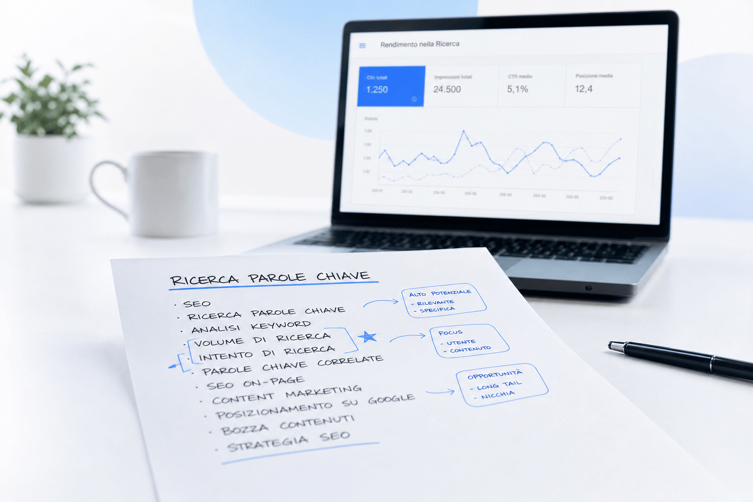 Un foglio pieno di parole chiave annotate a mano, laptop con grafici di analisi SEO sullo sfondo.