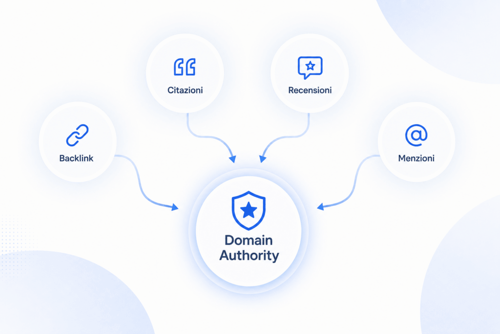 schema che mostra i segnali esterni al sito - backlink, citazioni, recensioni, menzioni - che confluiscono verso l'autorevolezza del dominio
